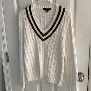 Lauren Ralph Lauren vintage cable knit cricket white v neck sweater size large